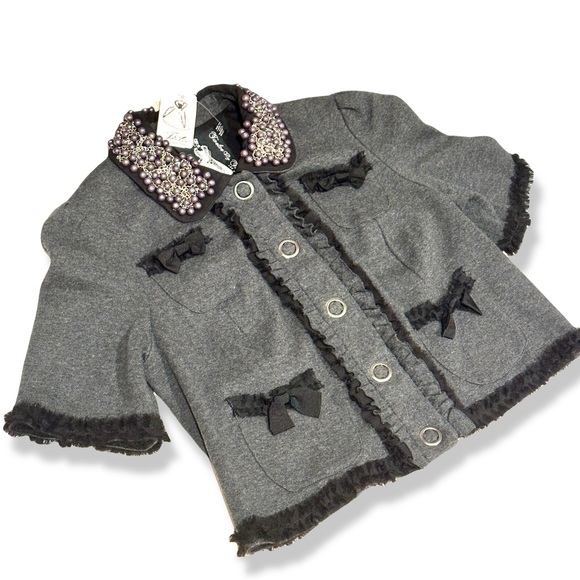 ANTHROPOLOGIE Twelve by Twelve Gray Pearl Embellished Jacket w Bows | NWT Small - Picture 2 of 9